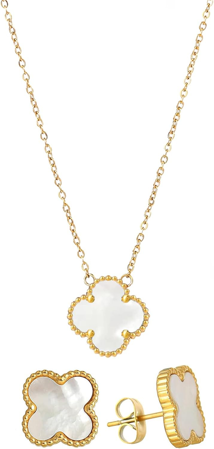 POLYREAL Lucky Clover Sets Stud Earring Necklace Pendant for Women 18K Gold Plated Cute Simple Fa... | Amazon (US)