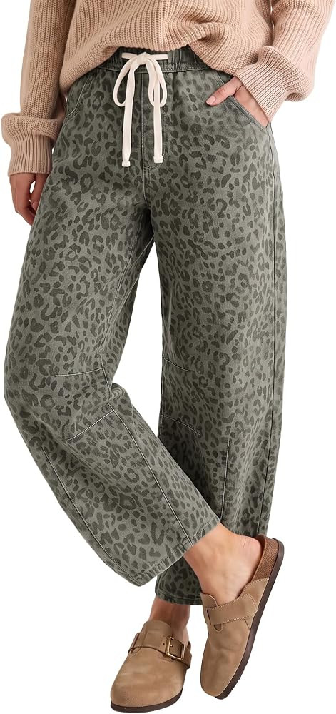 LookbookStore Barrel Jeans Women Leopard Pants Trendy High Waisted Pull On Wide Leg Stretchy Crop... | Amazon (US)