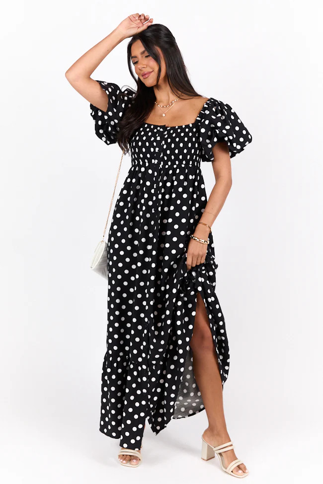 Polka Dot Dream Black & White Short Sleeve Maxi Dress | Pink Lily
