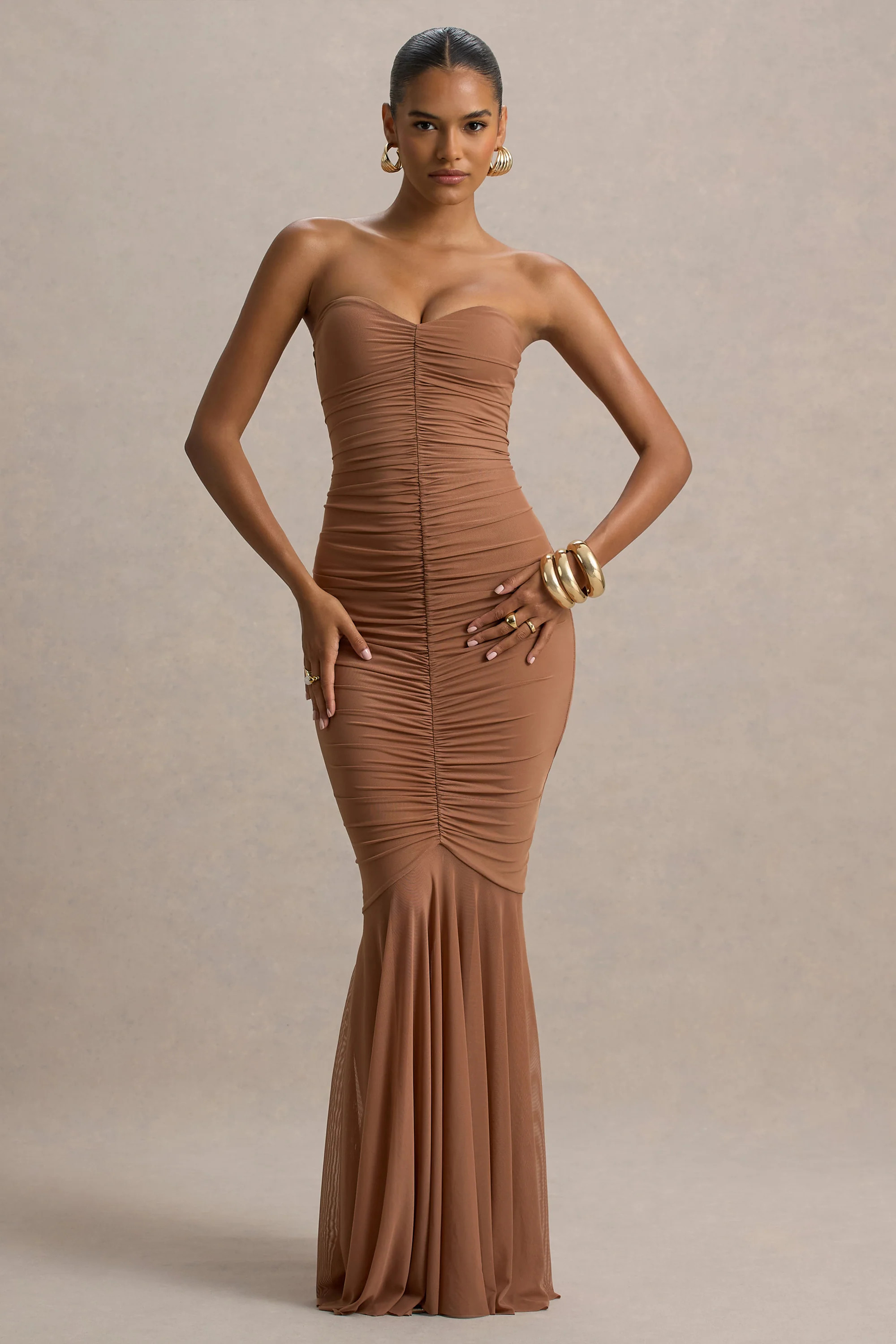 Talisa | Mocha Bandeau Ruched Maxi Dress With Mesh Fishtail | Club L London