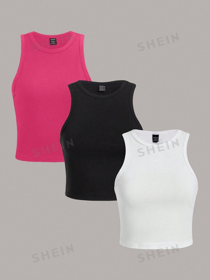 SHEIN Essnce Vrouwen Vrije tijd 3 stuks Ronde hals Zonder mouwen Croptop Sets In Zwart , Wit En R... | SHEIN