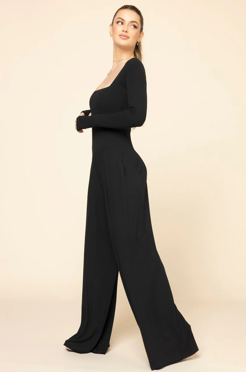 Go With The Flow Long Sleeve Jumpsuit - Black | POPFLEX