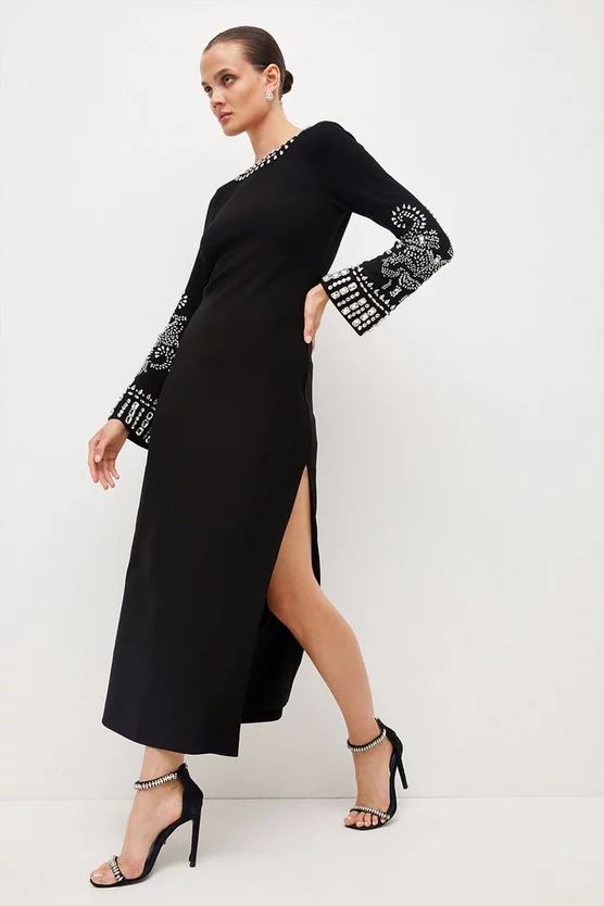 Embellished Detail Figure Form Crepe Maxi Dress | Karen Millen US