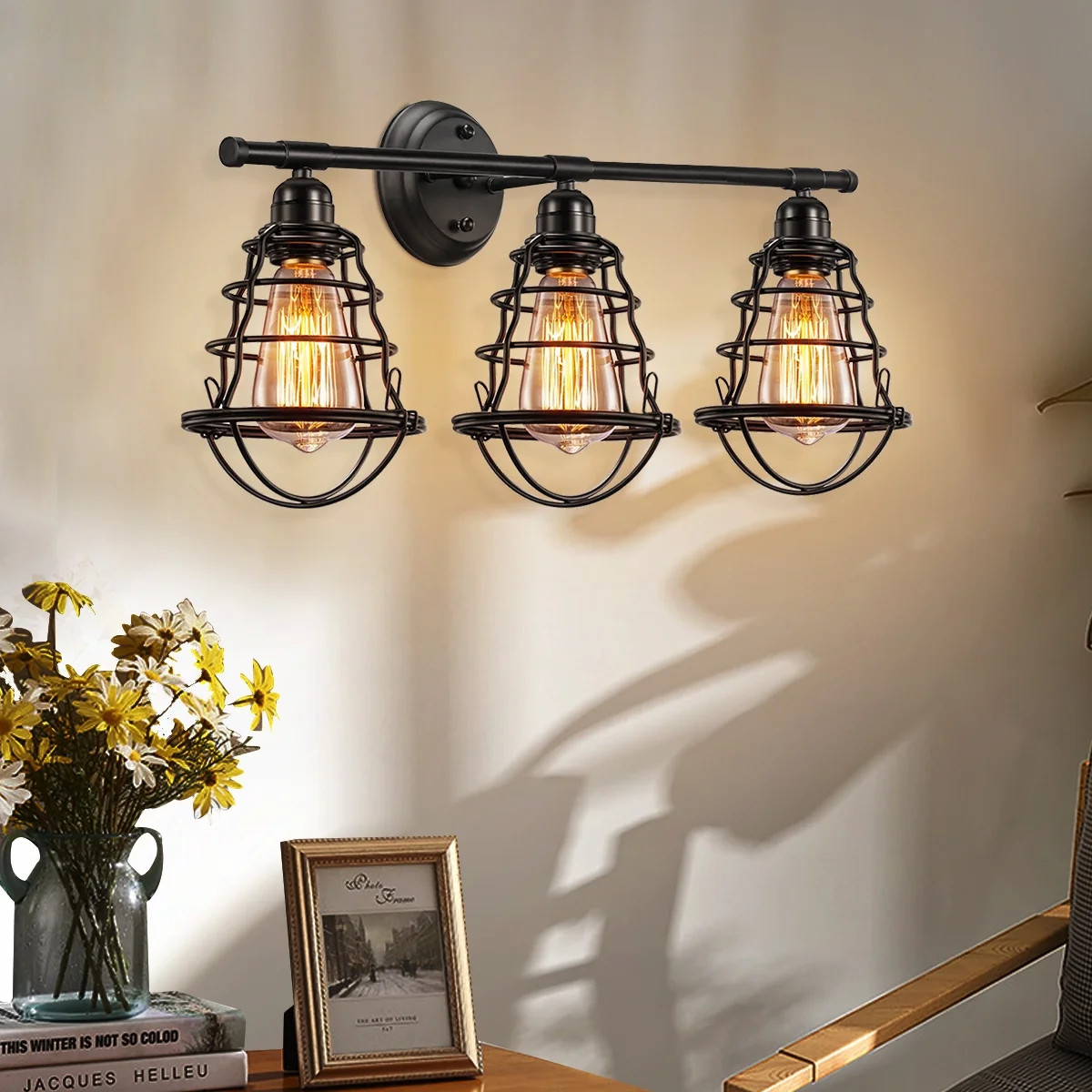 3-Light Industrial Bathroom Vanity Light Fixture with Black Metal Cage Wall Mounted Sconce Farmho... | Walmart (US)
