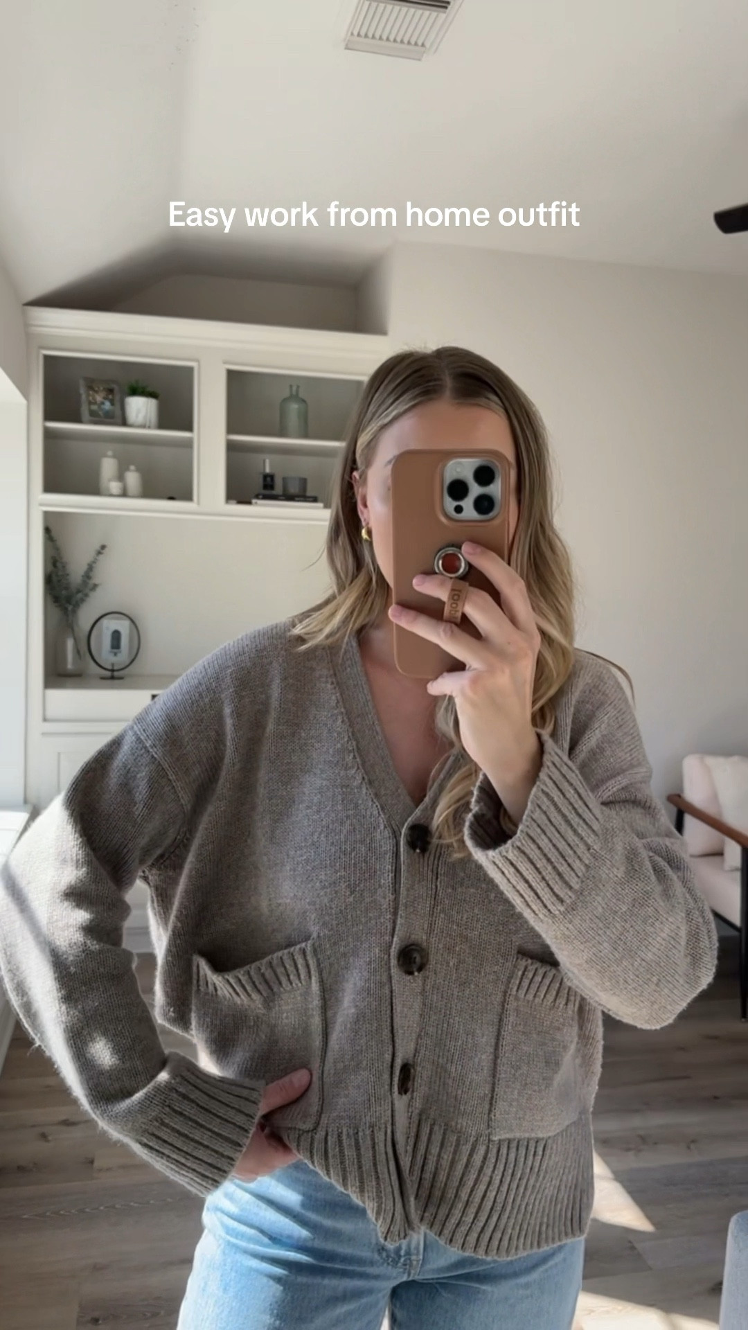 Casual work from home outfit: wearing a medium in the cardigan, size 26 in jeans, and slippers run true to size.


#LTKVideo #LTKstyletip #LTKSeasonal