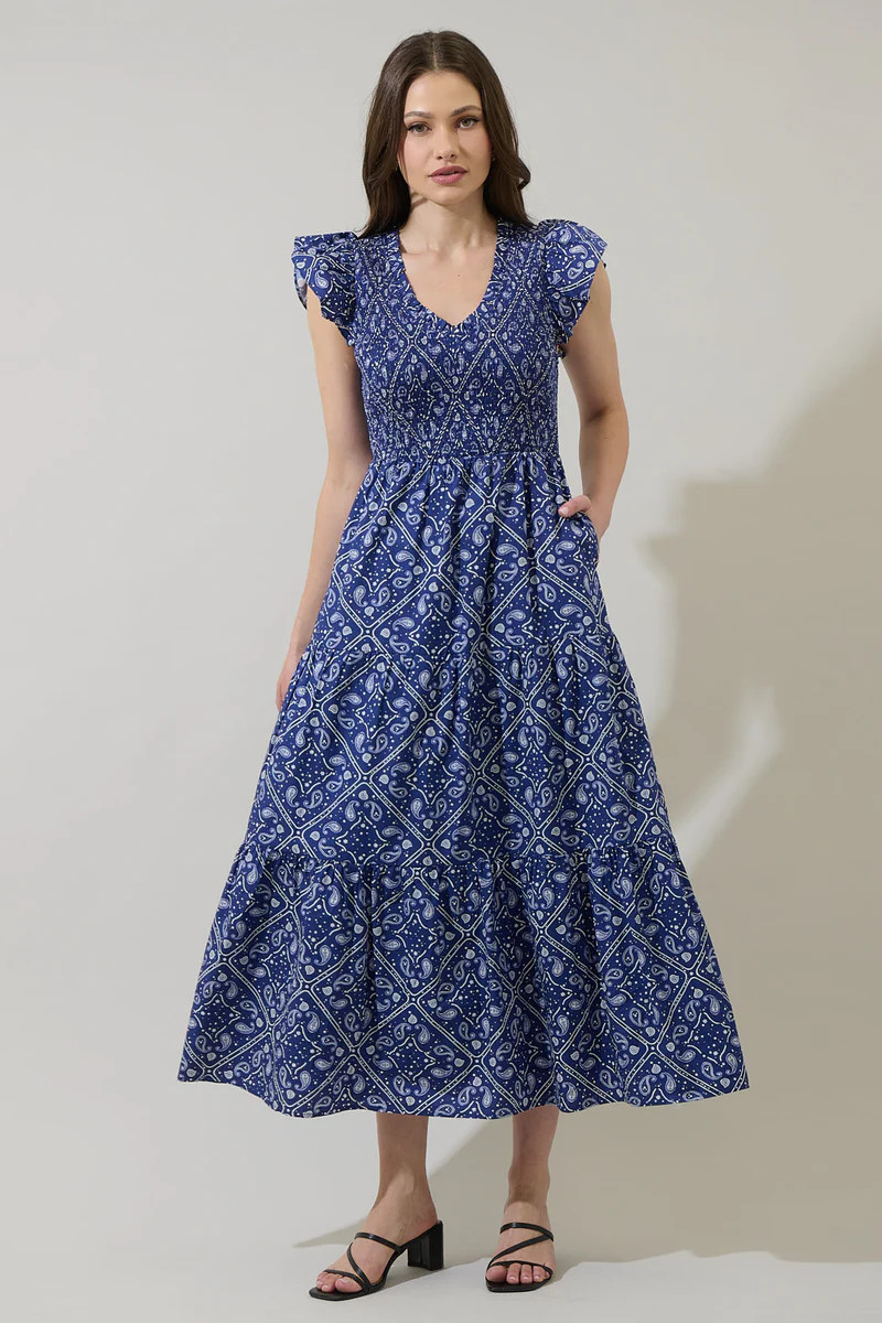 Zenira Paisley Sunfire Tiered Midi Dress | Sugarlips