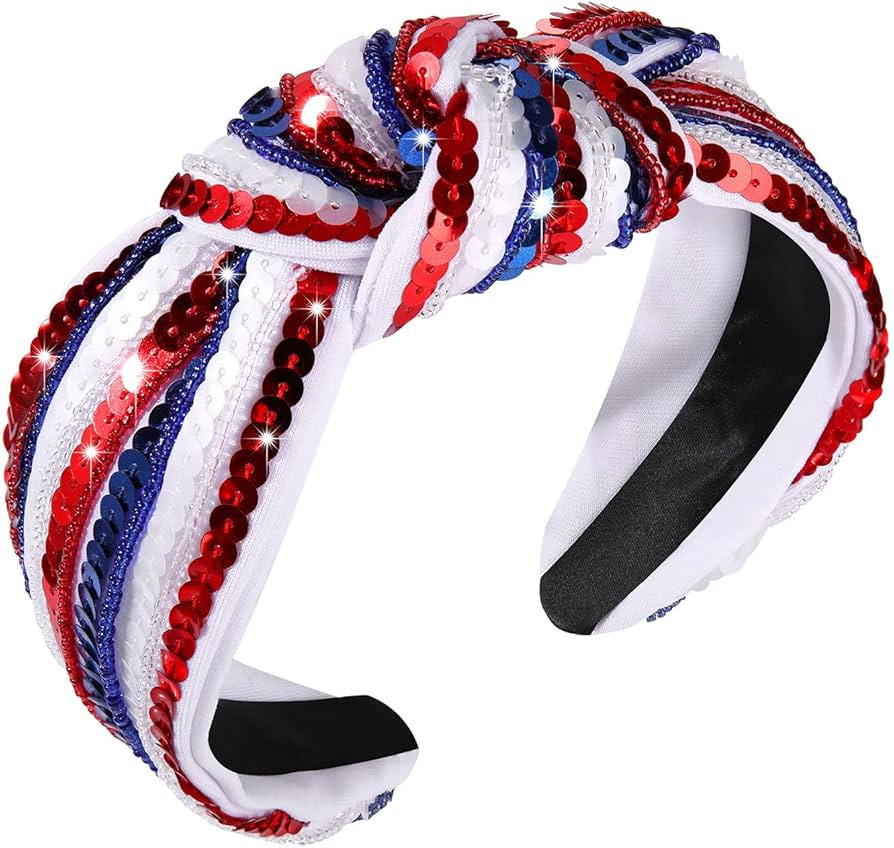 4 th of July Headband for Women Girls Fourth of July Knotted Headband Red White and Blue Sequin B... | Amazon (US)