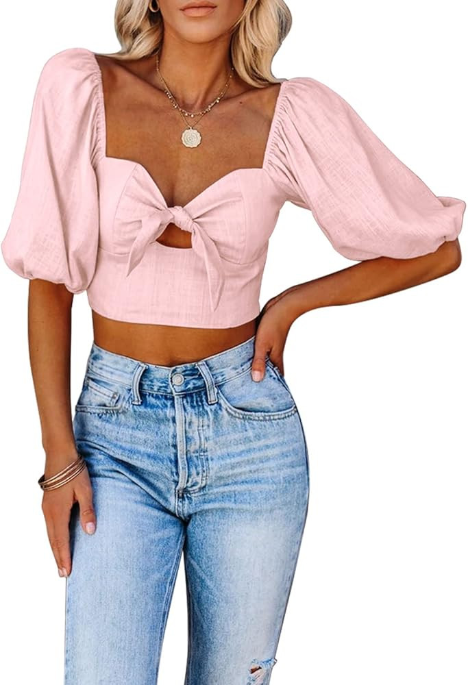 Kikula Women's Off The Shoulder Tops Sexy Tie Front Short Puff Sleeve Crop Top Blouse | Amazon (US)