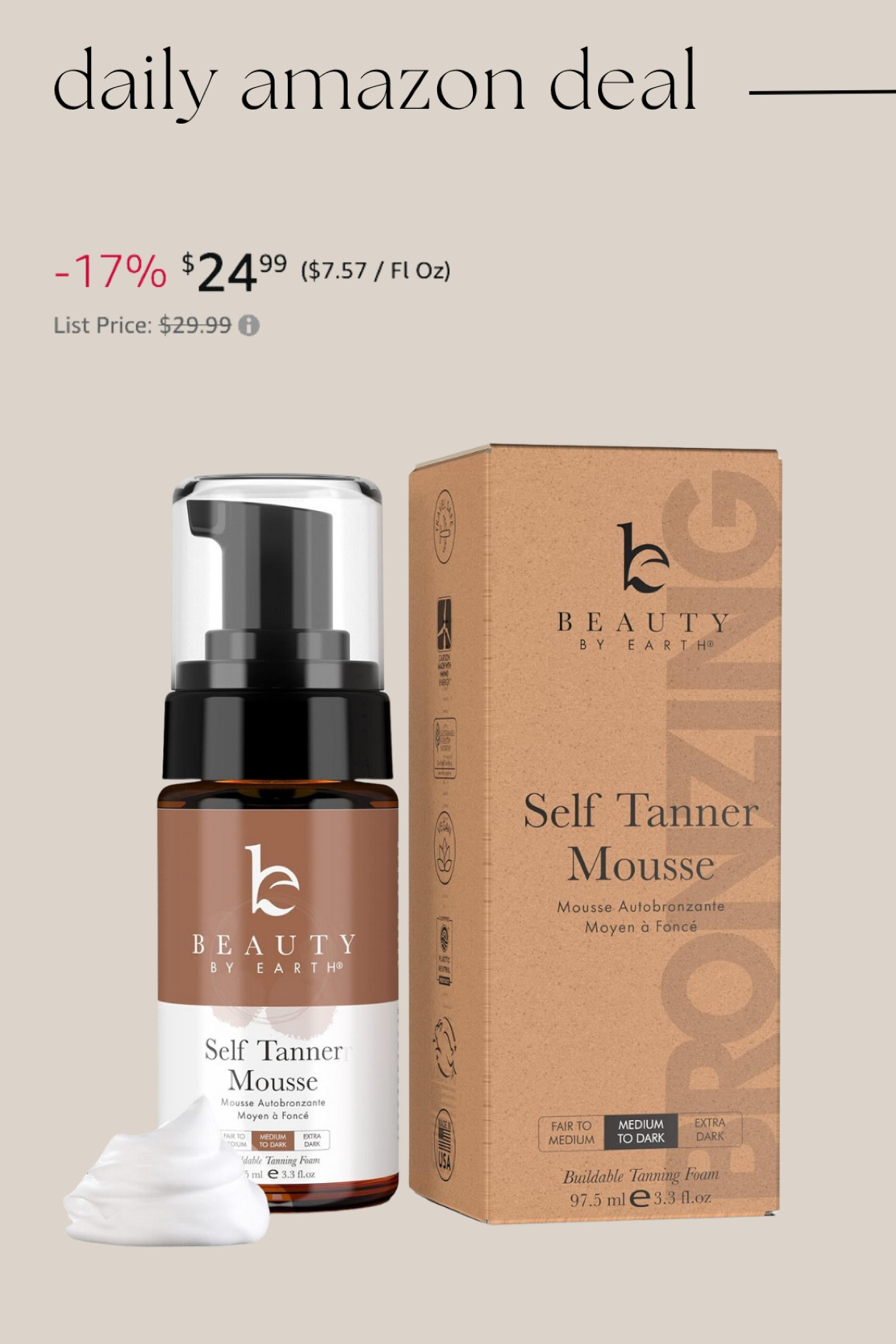 Daily Amazon deal: self tanning mousse 

#LTKBeauty #LTKSaleAlert #LTKFindsUnder50