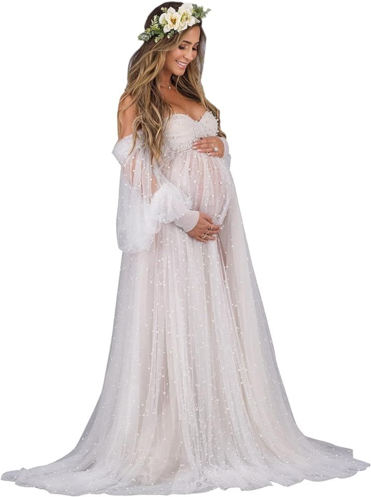 yinyyinhs Pearl Tulle Maternity Dress for Photoshoot Long Puffy Sleeve Off Shoulder Maternity Gow... | Amazon (US)