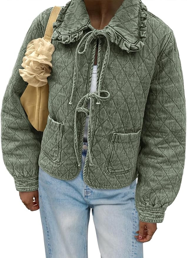 Tankaneo Womens Quilted Denim Puffer Jackets Tie Front Bow Cropped Puffy Jackets Fall Cute Short ... | Amazon (US)