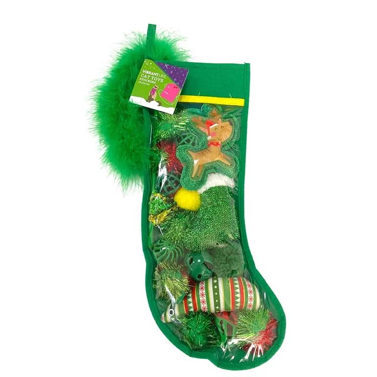 Vibrant Life Holiday 18 Piece Cat Toy Stocking Gift Set, Green | Walmart (US)