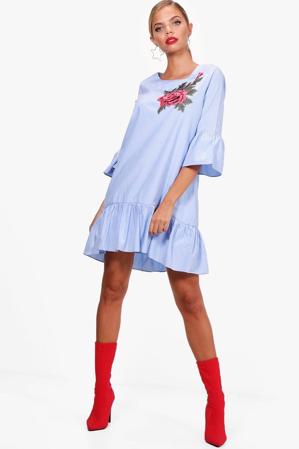 Felicity Embroidered Frill Hem Woven Shift Dress | Boohoo.com (UK & IE)