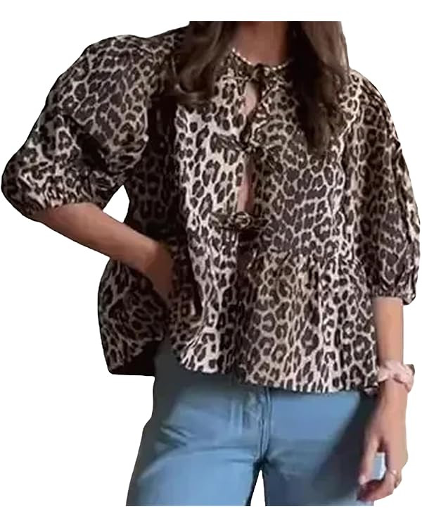 Tie Front Tops Womens Y2k Leopard Print Peplum Babydoll Top 3/4 Length Puff Sleeve Coquette Cute ... | Amazon (US)