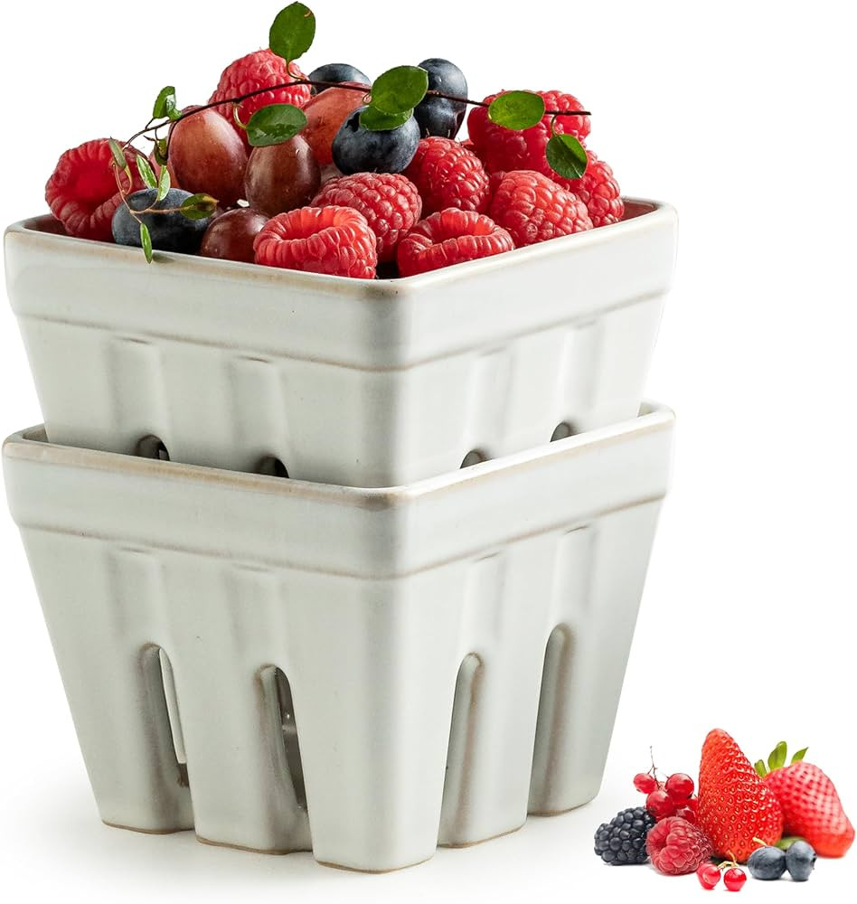 Gomakren Ceramic Berry Basket Set of 2, Square Fruit Bowl with Holes, Small Fruit Basket Containe... | Amazon (US)