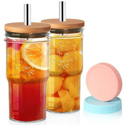 2Pack Glass Cups With Lids And Straws, 20oz Wide Mouth Drinking Jars For Bubble Tea, Drinking Glasses With Bamboo Lids, Iced Coffee Cups, Resuable Tum | SHEIN