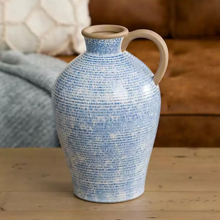 New! Blue Ceramic Textured Lines Vase, 12 in. | Kirkland's Home