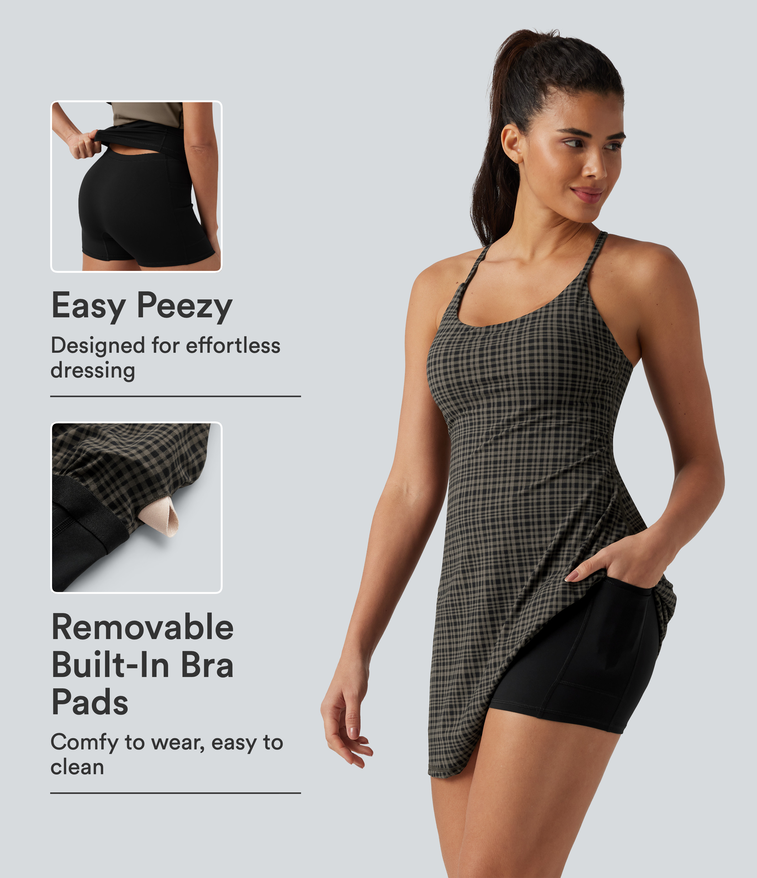 Halara Halara UltraSculpt™ Plaid Print Built-in Bra 2-in-1 Mini Dance Active Dress with Pockets-Easy Peezy Edition Workout Dress - Storm Gray Check Plaid - M | HALARA