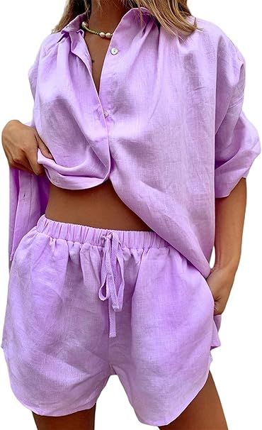 Women Button Shirts 2 pcs Sets Button Up Plaid Long Shirts+High Waist Short Pants Sets Y2K Casual... | Amazon (US)
