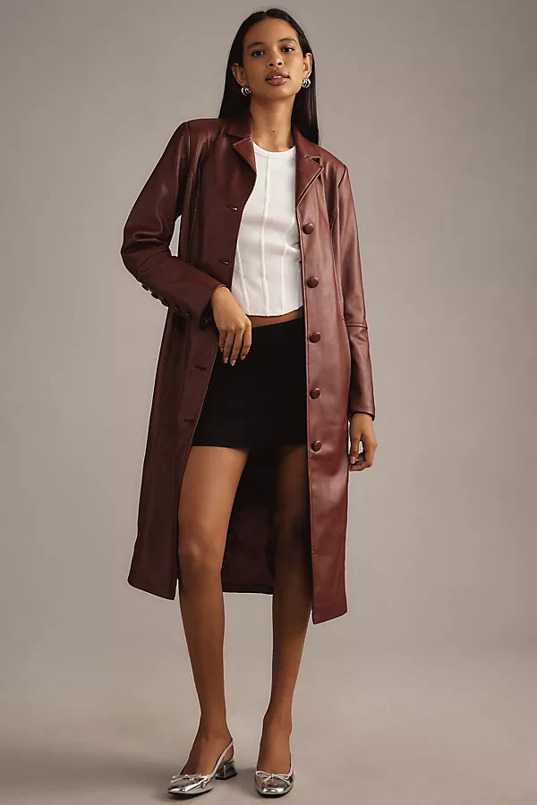 Faux Leather Belted Long Coat Jacket | Anthropologie (US)