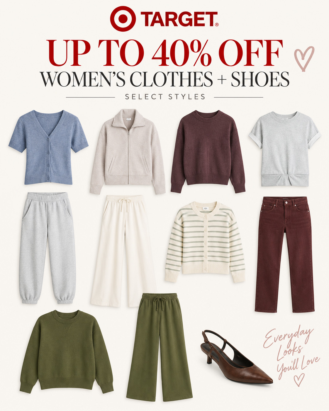 Target is coming through with up to 40% off women’s clothes + shoes 🙌
I rounded up some of my favorite cozy, everyday pieces that are easy to mix, match, and wear all season long. Think sweaters, lounge sets, denim, and cute shoes you’ll actually use.

Shop all my picks in LTK ✨ 

 #LTKootd #LTKSaleAlert #LTKWorkwear