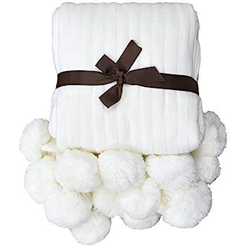 TEALP Pom Pom Blanket White Cotton Knitted Throw Blanket with Pom Poms (Cream White, 40''x60'') | Amazon (US)