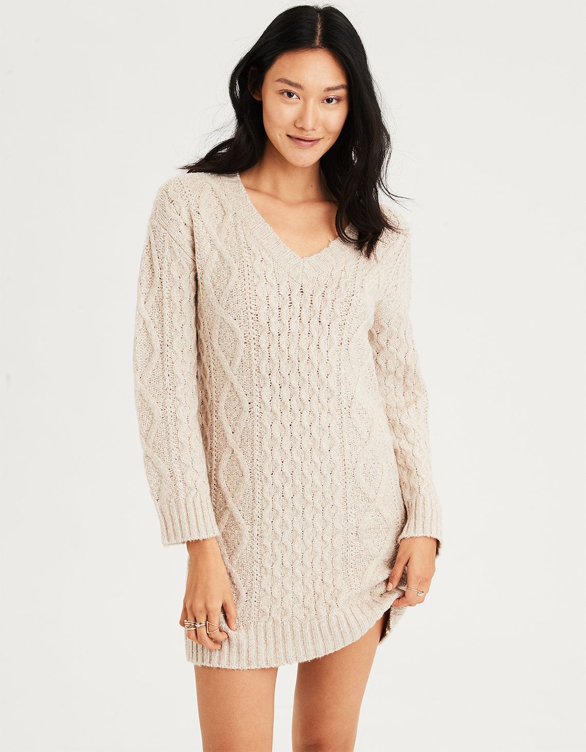 AE V-Neck Cable Knit Sweater Dress, Oatmeal | American Eagle Outfitters (US & CA)