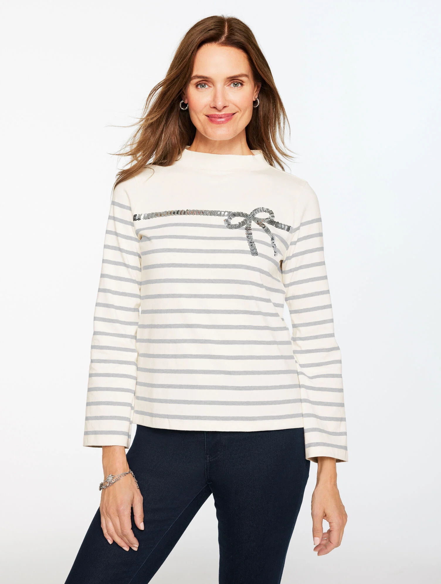 Sequin Ribbon Stripe Mockneck Tee | Talbots