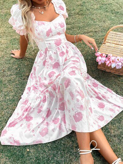 Random Floral Print Puff Sleeve Ruffle Hem Bustier Dress | SHEIN