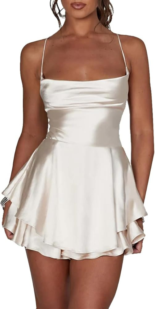 LuFeng Women's Elegant Satin A-line Summer Sleevesless Rompers Bandage Back Spaghetti Strape Tier... | Amazon (US)