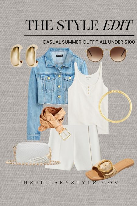 The Style Edit: Casual summer outfit with pieces all under $100. Cropped denim jacket, white tank, white shirts, raffia sandals, handbag, raffia belt, gold necklace, sunglasses, puffy gold hoops. Casual summer outfit, summer outfit, summer style, white shorts outfit, shorts outfit, under $100. J. crew, Nordstrom, Target.

#LTKStyleTip #LTKFindsUnder100 #LTKSeasonal