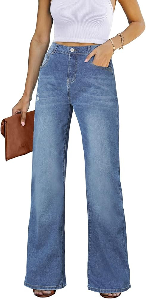 Astylish Womens Baggy Wide Leg Casual Jeans Crossover Waisted Stretchy Boyfriend Y2K Denim Pants | Amazon (US)