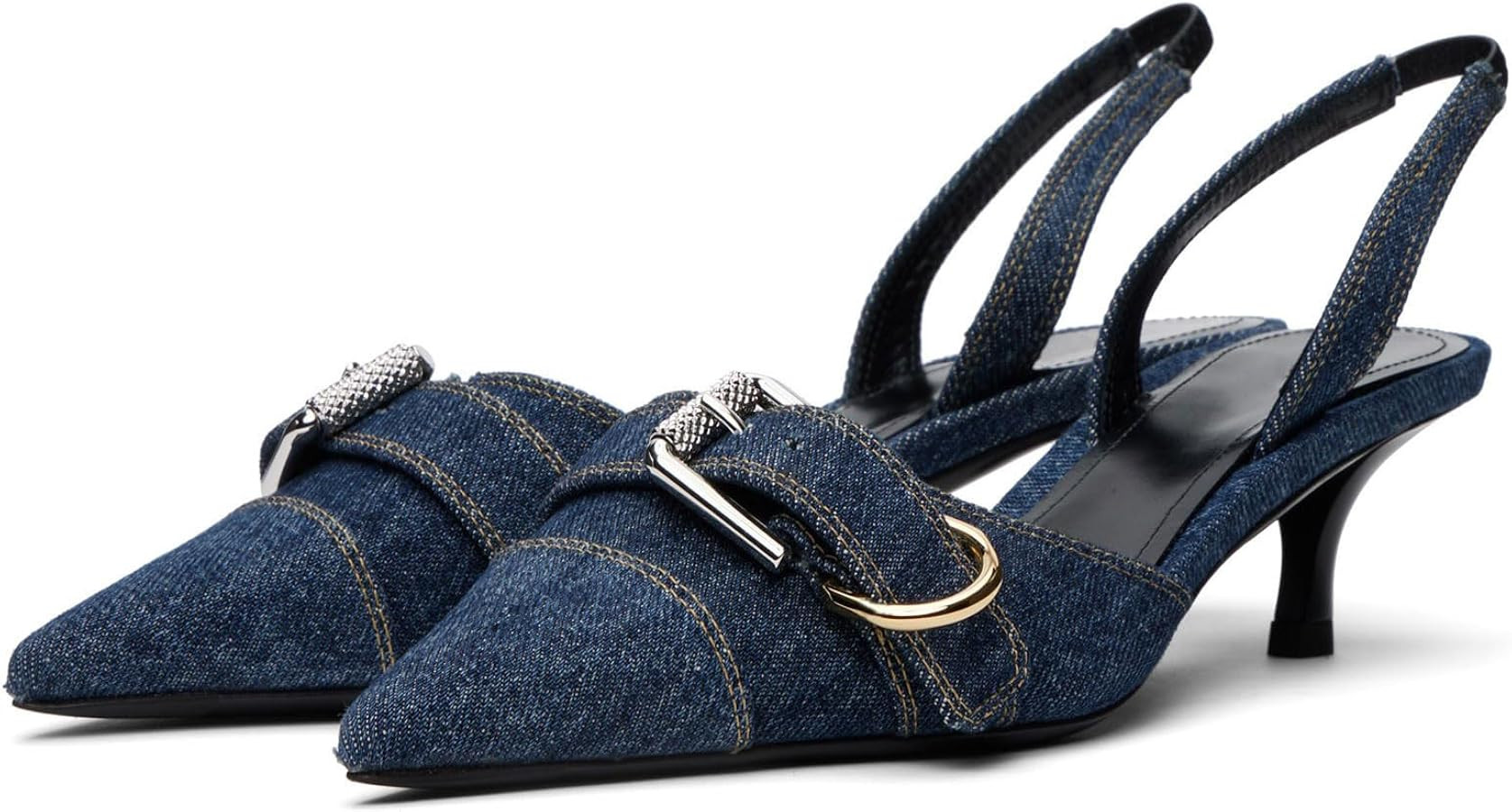 Women's Kitten Heel Pointed Closed Toe Slingback Pumps Comfort Low Heel Slip On Metal Buckle Pump... | Amazon (US)