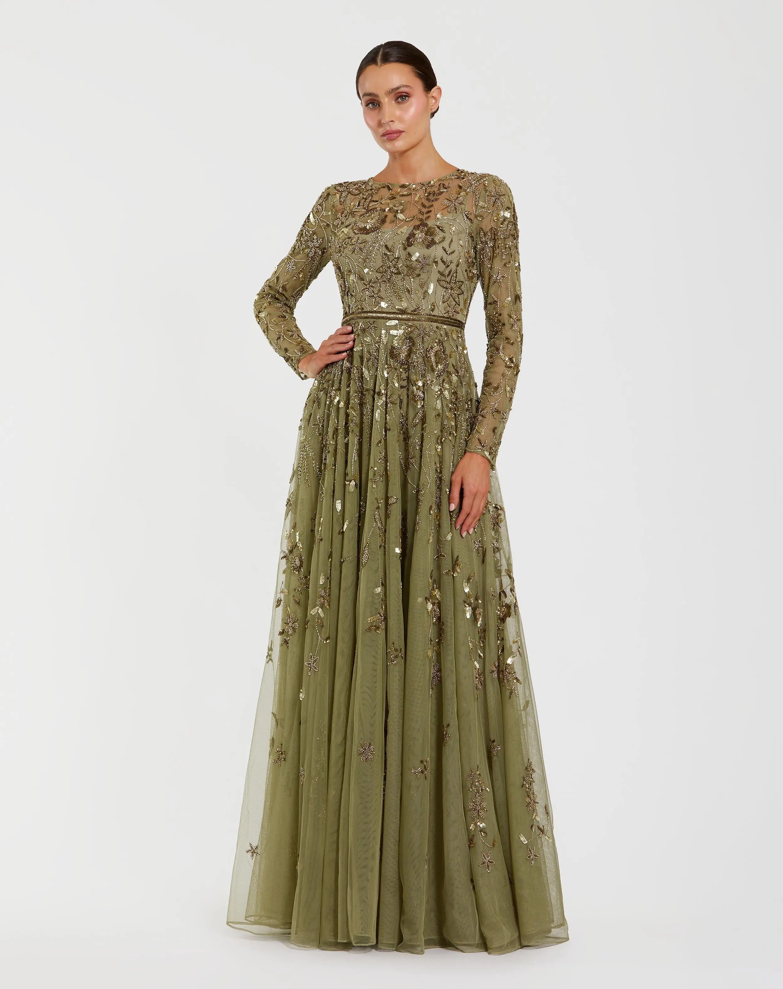 Green Long Sleeve Hand Embellished Floral A-line Gown | Mac Duggal | Mac Duggal