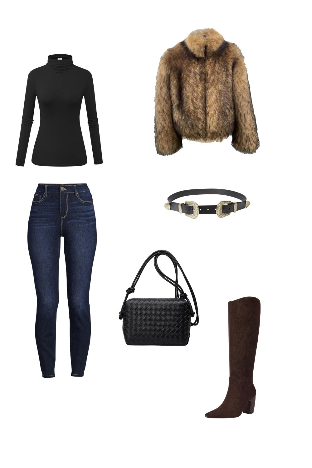 Thanksgiving
A sleek black turtleneck and dark-wash skinnies create the foundation for this elevated western-inspired outfit. A cropped faux fur jacket adds a touch of glam, while a double-buckle belt and suede knee boots bring in rustic detail. Finished with a woven black shoulder bag for texture and balance — effortlessly refined with a western twist.


#LTKHoliday #LTKStyleTip #LTKSeasonal