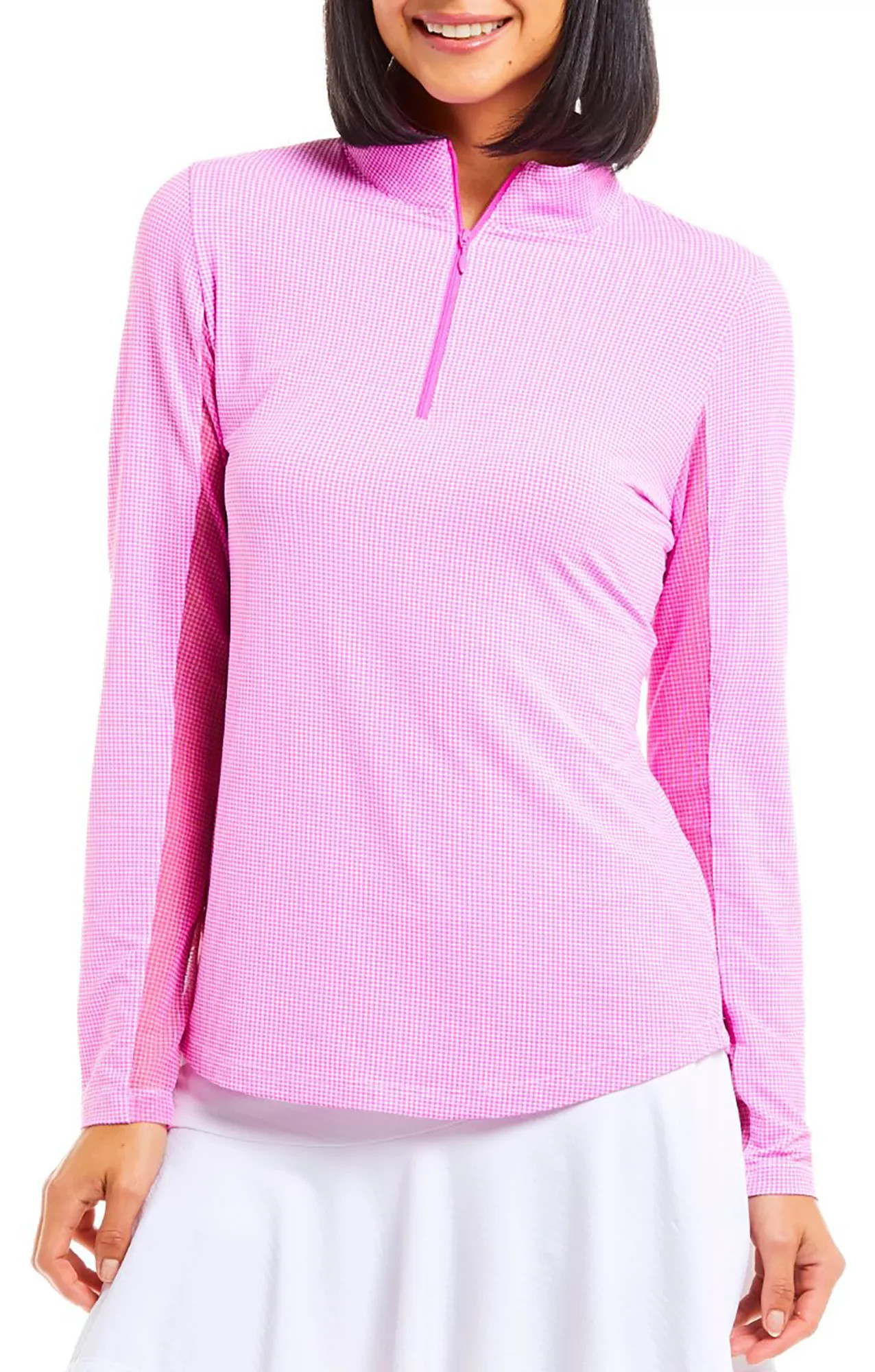 IBKUL Women's Long Sleeve Zip Mock Neck Golf Shirt, Large, Mini Check Hot Pink/White | Golf Galaxy