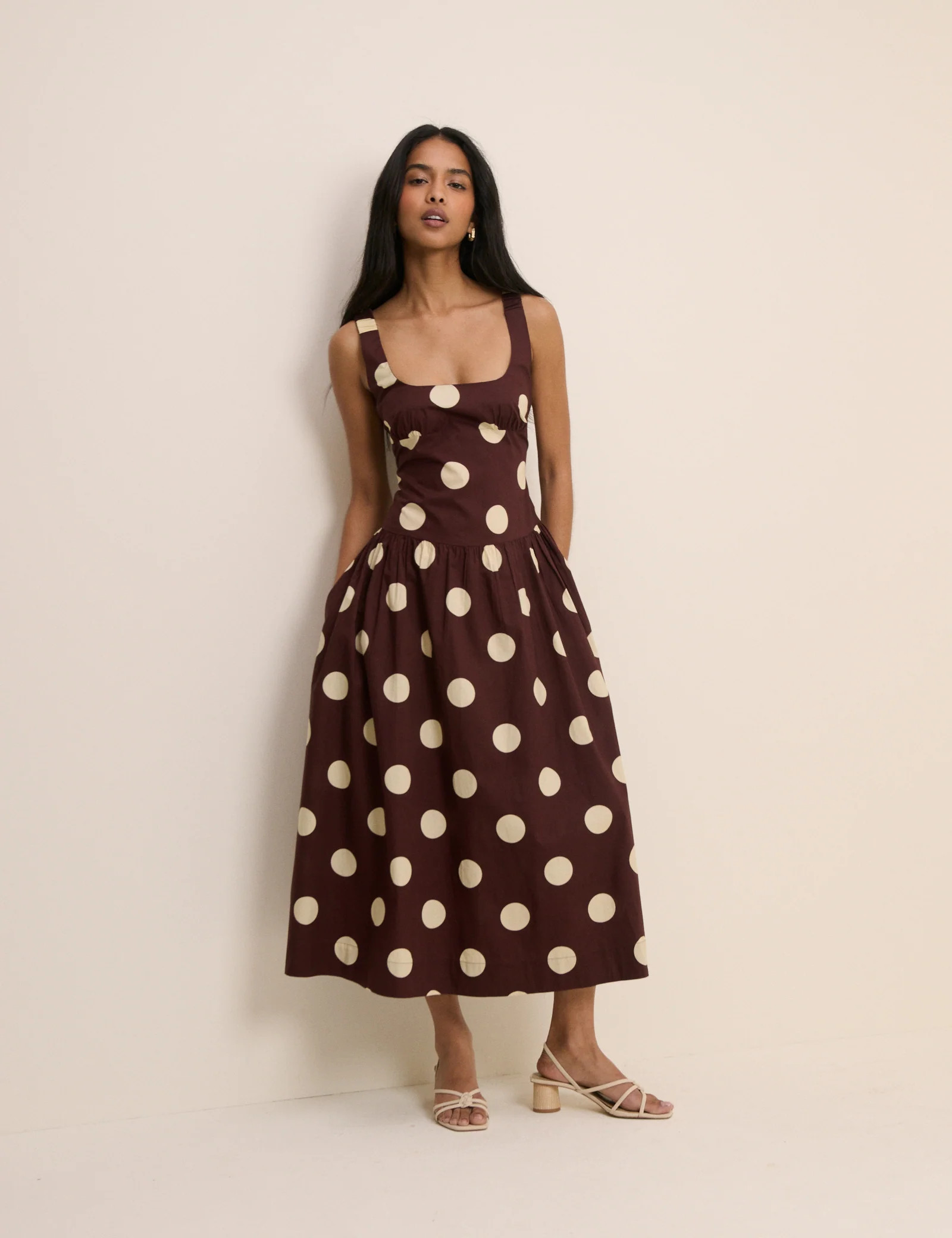 Brown and Cream Polka Dot Panelled Soraya Midi Dress | Nobody's Child
