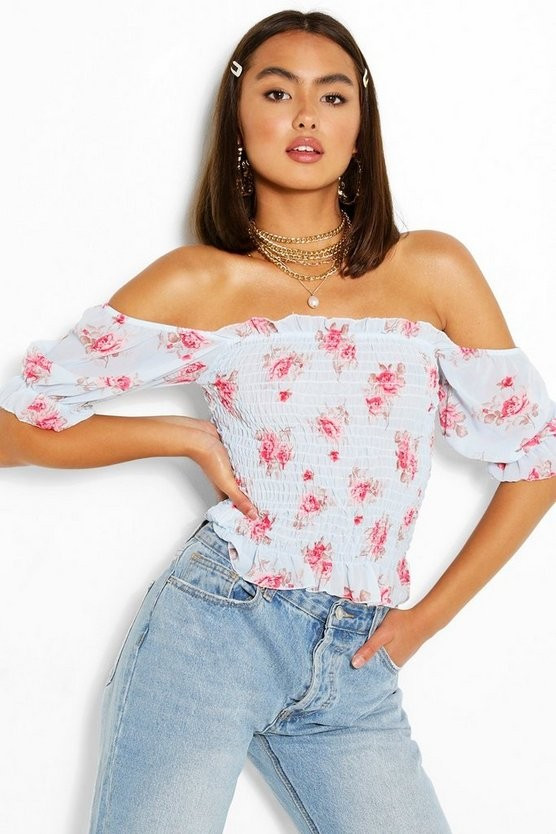 Woven Floral Shirred Top | Boohoo.com (US & CA)