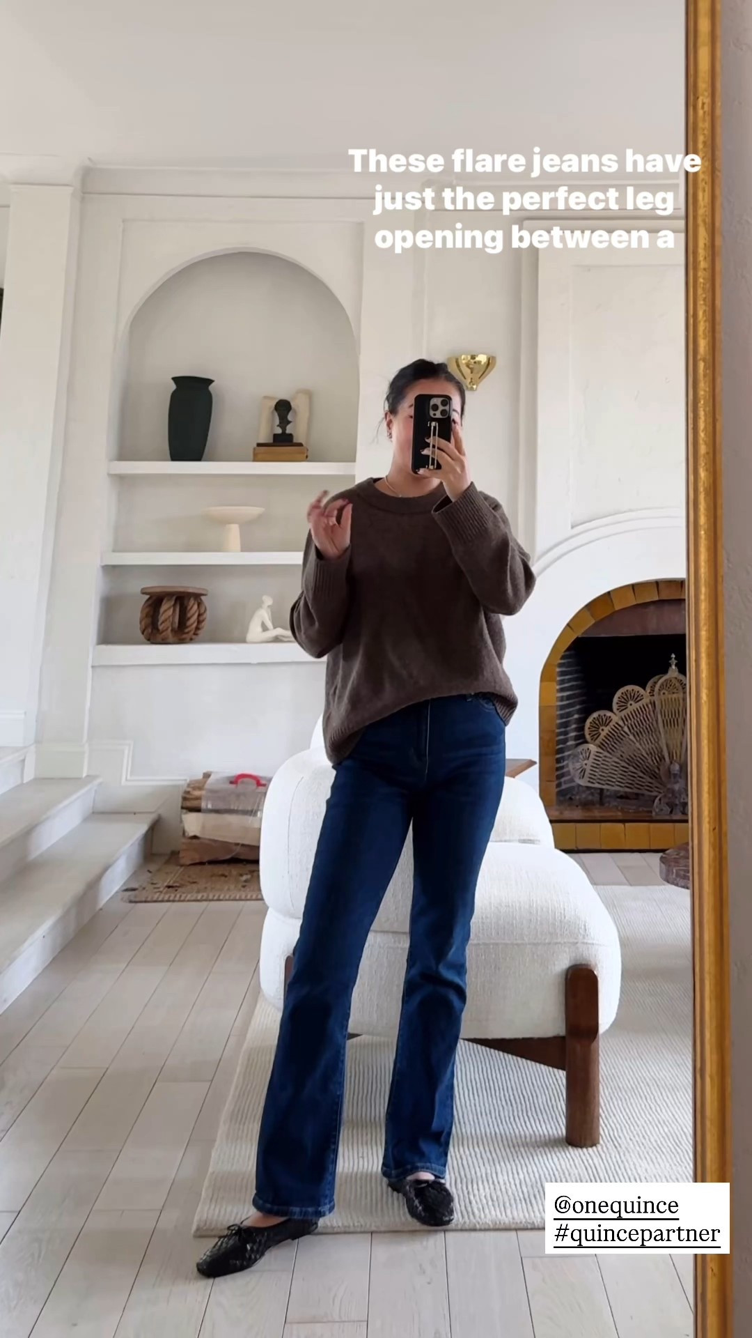 Love these flare legs jeans! It honestly feels like the perfect in-between of a wide leg and a straight leg. Not too wide, not too slim. They're also midsection and petite friendly.

For size reference, I’m 5 ft 115 pounds and wearing a 26x28 in the jeans and XS in the sweater. The flats fit TTS for me. I’m a size 5 and wearing a size 5.

@onequince #quincepartner

#LTKOver40 #LTKFindsUnder50 #LTKPetite