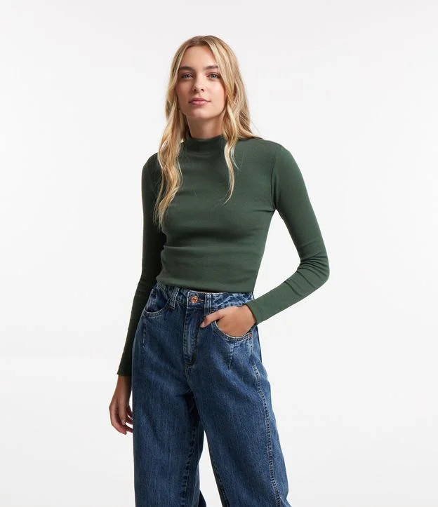 Blusa em Algodão com Manga Longa e Gola Alta Verde | Renner (BR)