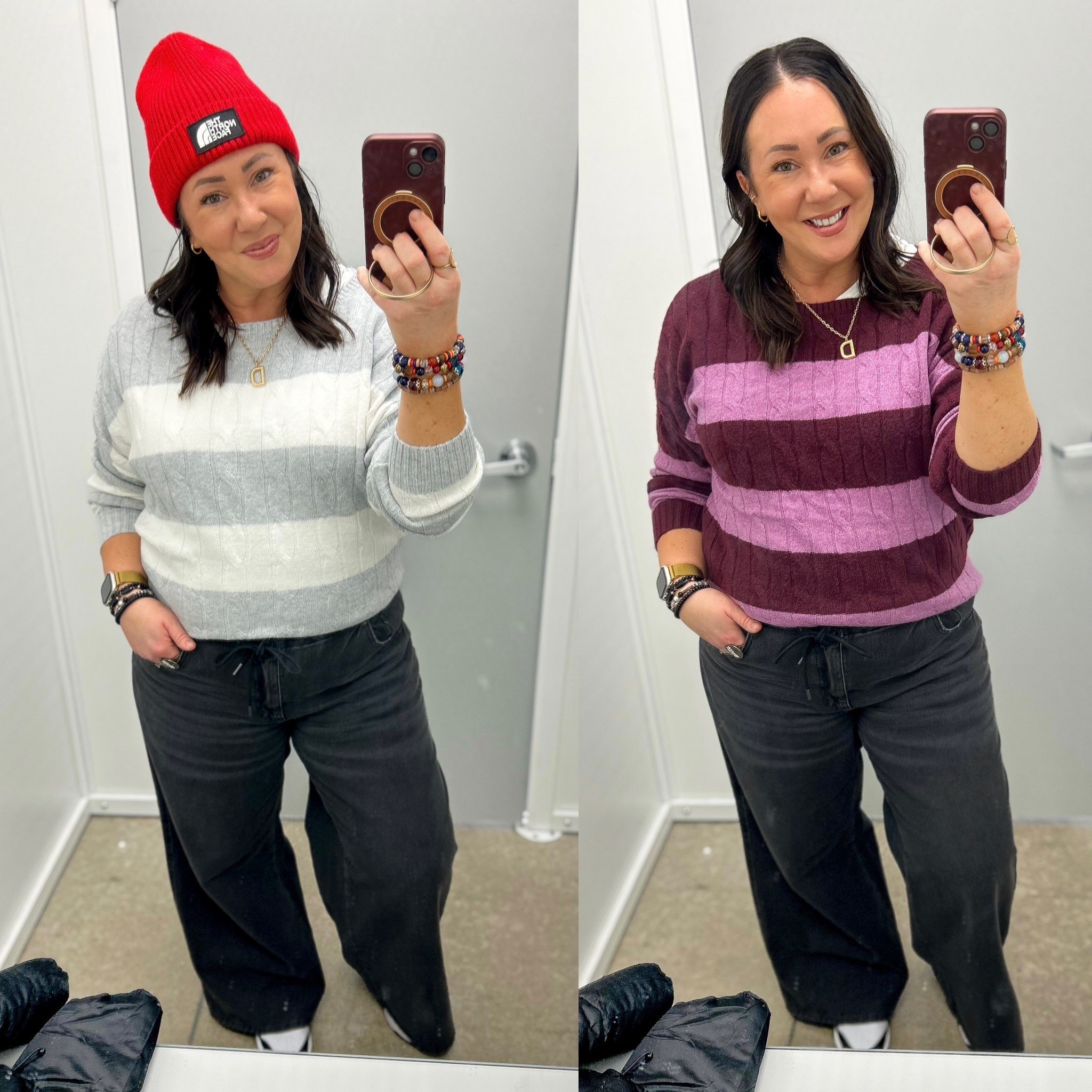 Large cable knit sweaters. XL in both colors. Could definitely go with a large in these. XL gives a very oversized fit. Large wide leg jeans. @nike dunks fit tts. @walmart.  @thenorthface beanies make the best little 🎁!

#LTKFindsUnder50 #LTKMidsize #LTKOver40