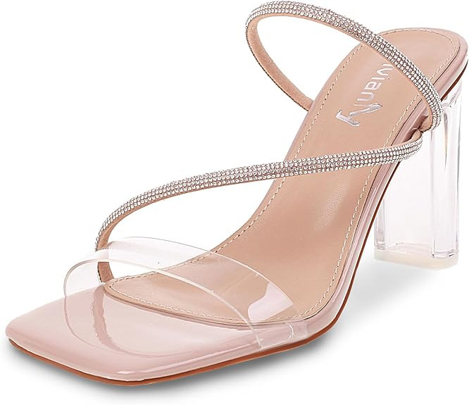 vivianly Womens Square Toe Clear Rhinestone Strappy Heeled Sandals Transparent Block High Heels S... | Amazon (US)