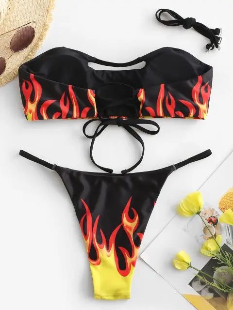 / Swimwear / Bikinis / Bikini Sets / ZAFUL Fire Print Lace Up Cutout High Leg Bikini Swimwear | ZAFUL (Global)