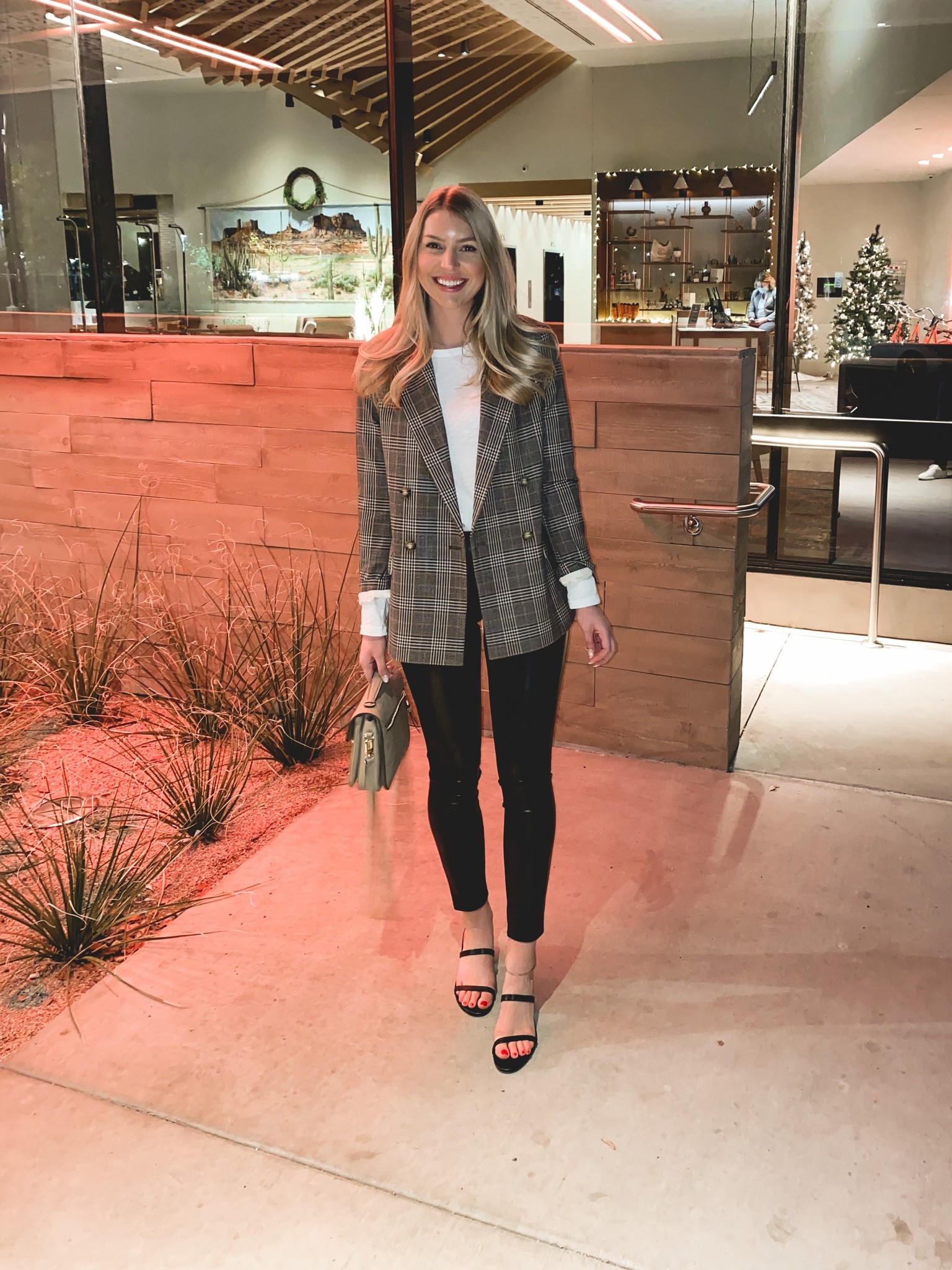 Faux leather pants, plaid blazer, block heels, date night, workwear idea 

#LTKunder100 #LTKSeasonal #LTKworkwear
