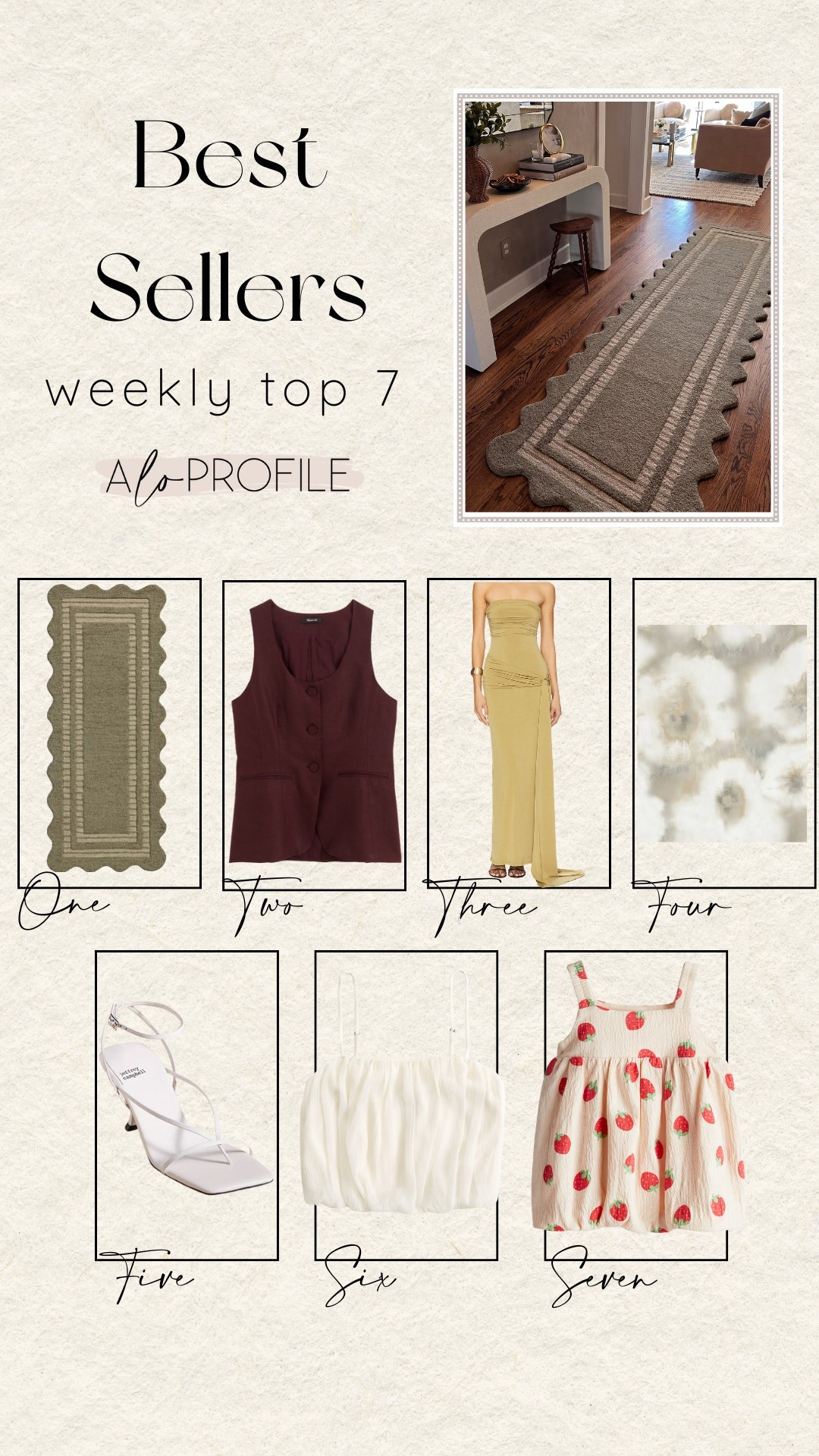 WEEKLY BESTSELLERS✨

1. Rug
2. Vest
3. Dress
4. Wallpaper
5. Heels
6. Top 
7. Baby Dress



#LTKStyleTip #LTKBaby #LTKShoeCrush