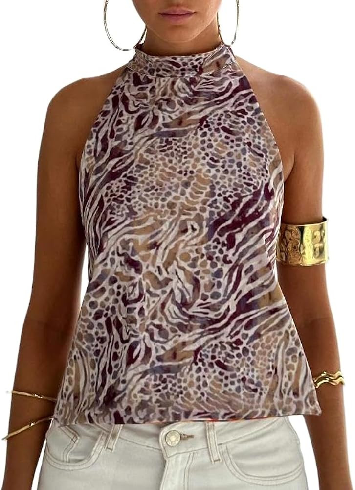 Women Y2k Halter Neck Tank Top Floral Print Backless Cami Top Sleeveless Tie Up Crop Top Summer S... | Amazon (US)