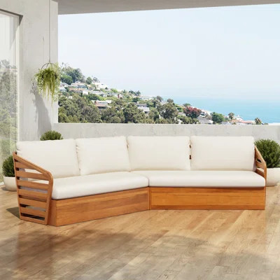 Favets Outdoor V-Shaped Acacia Wood Sectional Sofa With Cushions | Wayfair North America