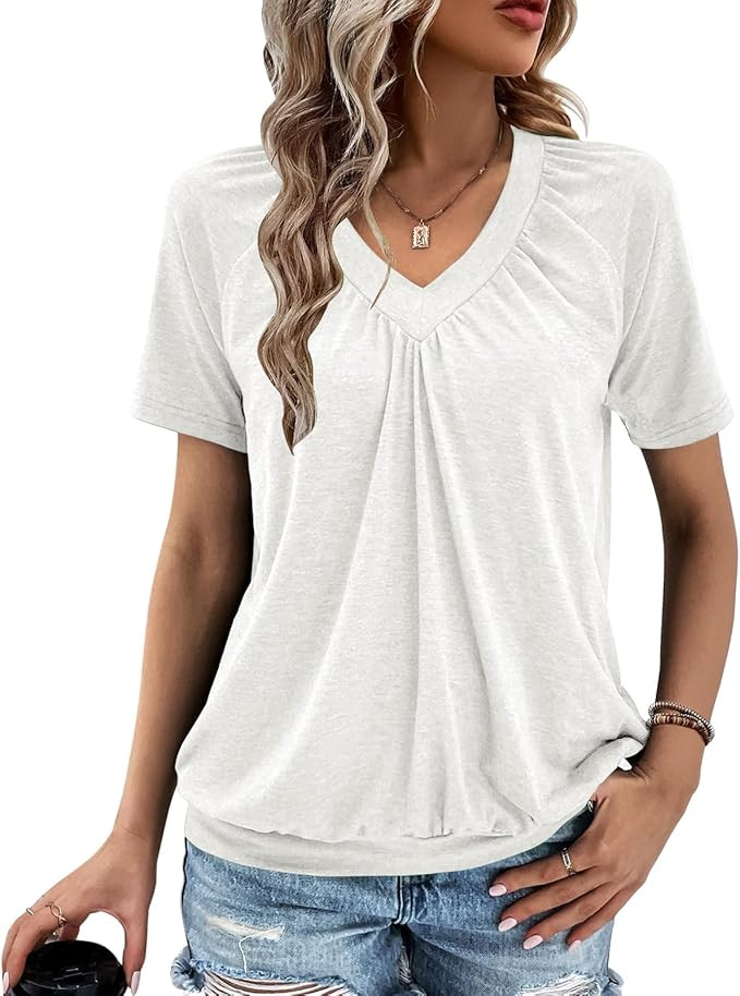 Gihgoew Summer Tops for Women 2025 Shorts Sleeve Womens Tops,V Neck Soft Casual Loose Fit Ruched ... | Amazon (US)