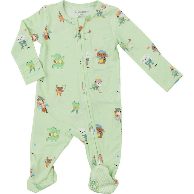 Golfing Animals Print 2-Way Zipper Footie, Green | Maisonette