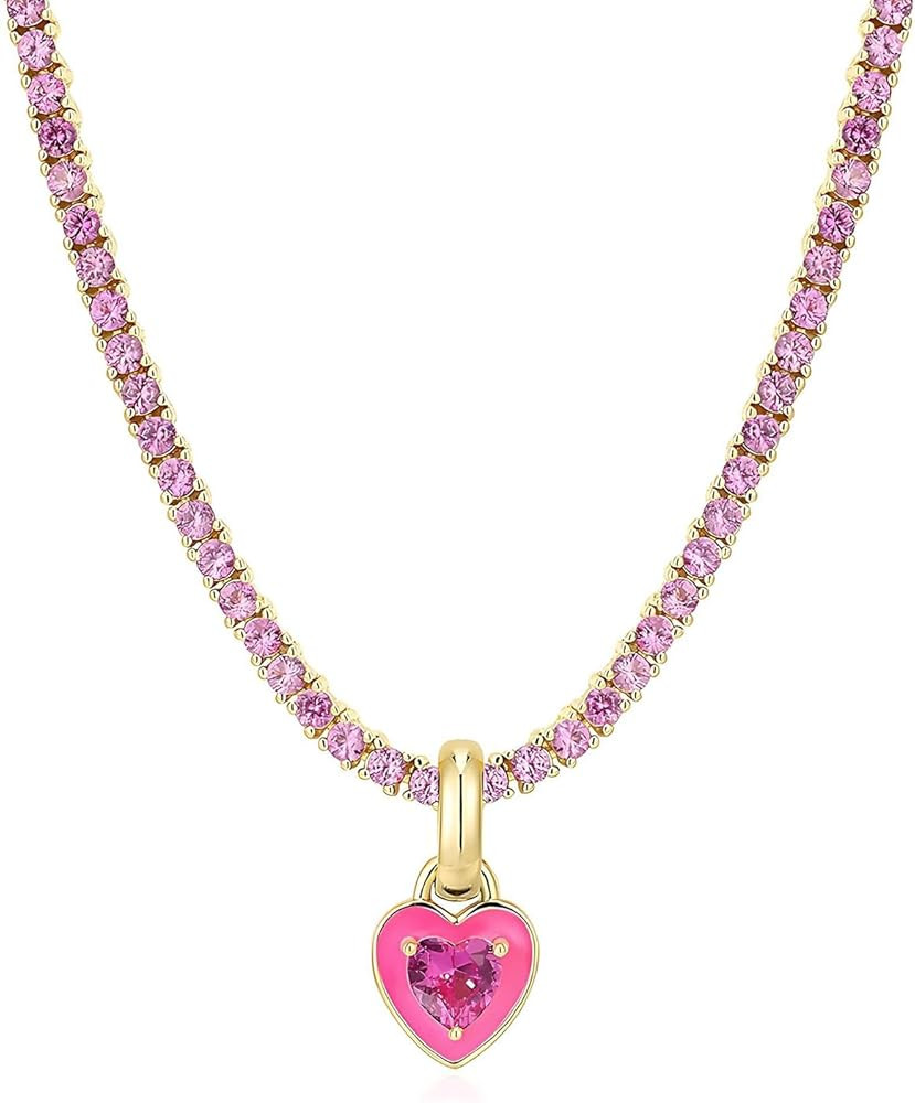 Gold Stainless Steel Heart Necklace with Pink Cubic Zirconia, Tennis Chain Pendant Necklace for W... | Amazon (US)